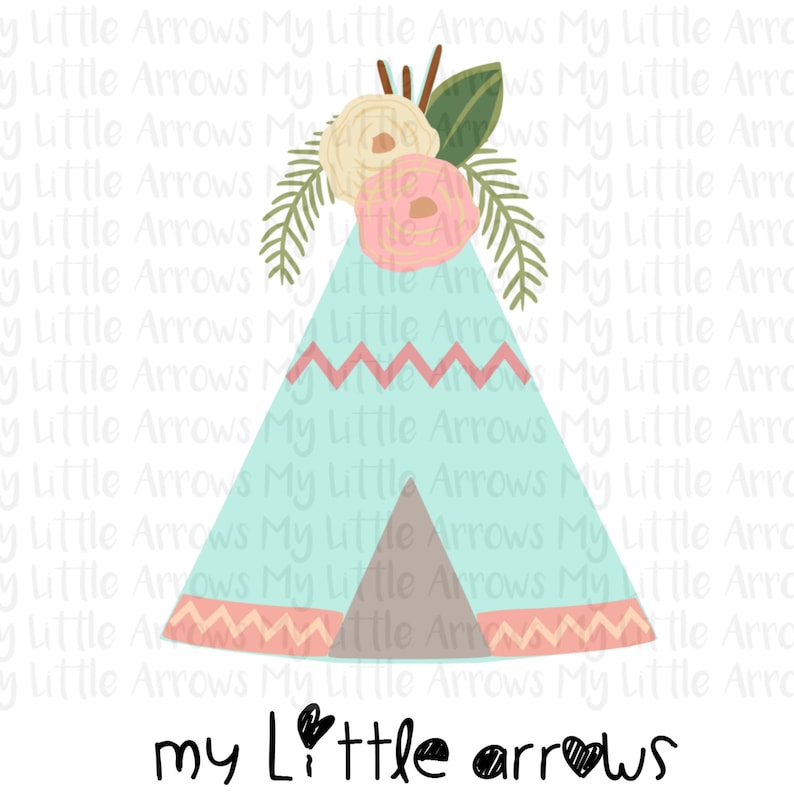 May include: A turquoise teepee with pink and white zigzag patterns and a brown flap. The teepee is decorated with a floral arrangement of white and pink flowers and green leaves. The text "my little arrows" is written below the teepee.