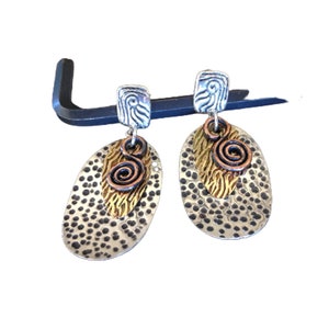 Mixed Metal Dangle Earrings: Sterling Silver, Brass & Copper