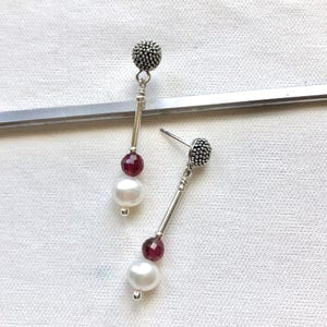 Red Ruby Bead/Freshwater Pearl/Sterling Silver/Lightweight Earring/Minimalist