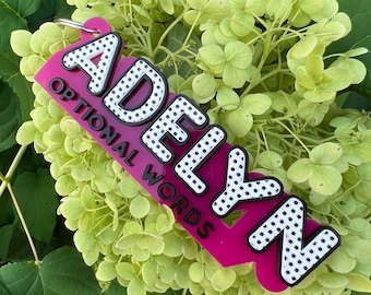 Hot PInk & Polka Dots Surprise, 3D Acrylic Personalized Name Keychain, Personalized Name Bag Tag, Key Fob