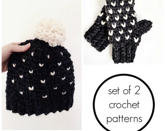 beanie crochet pattern, crochet mittens, crochet hat patterns, heart hat pattern, crochet pattern sets, tapestry crochet pattern, tutorial