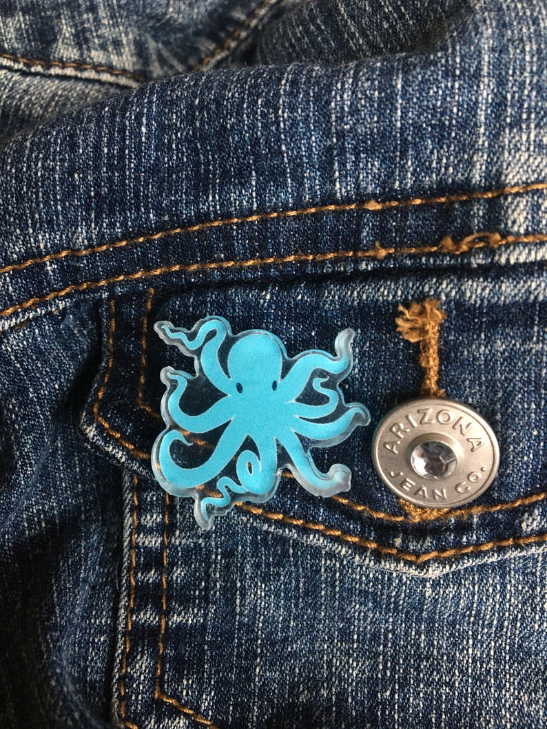 Kraken Pin, Little Blue Kraken, Acrylic Pin, Octopus Pin, Cute Animal Pin, Sea Animal Pin, 1.25 inches image 1