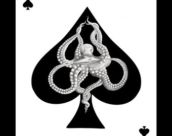 Fated - Kraken Octopus Ace of Spades Playing Card Art Print Poster by Krister Eide Art Jules Verne Steampunk - Free Shipping U.S.