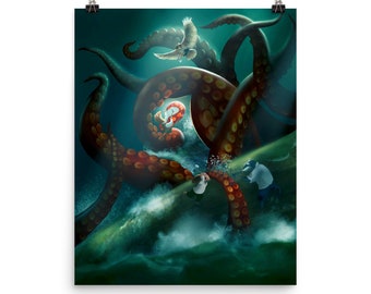 Attack of the Kraken - Les Poulpes Squid Poster Fantasy Kids Room Pirates