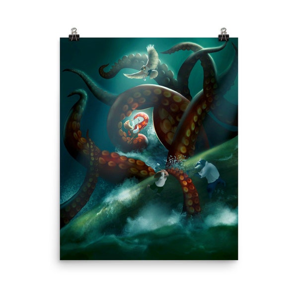 Attack of the Kraken - Les Poulpes Squid Poster Fantasy Kids Room Pirates