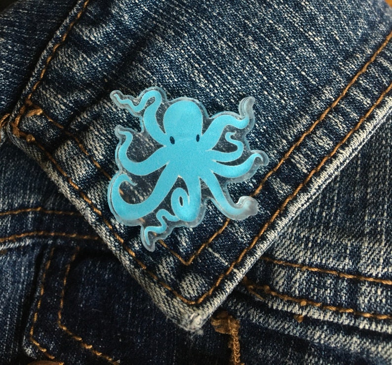 Kraken Pin, Little Blue Kraken, Acrylic Pin, Octopus Pin, Cute Animal Pin, Sea Animal Pin, 1.25 inches image 2