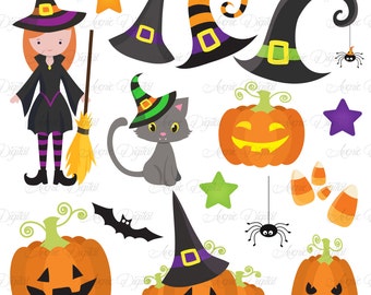 Cute halloween Clipart . Scrapbooking printables, Spooky holiday set for Commercial Use. Bats, witch black cat, hats, pumpkin, candy corn.