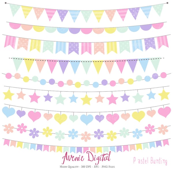 Pastel Rainbow Bunting Banner Clipart. Scrapbook printable, Vector banners .eps. Colorful Party Clip art, New Baby flag banner