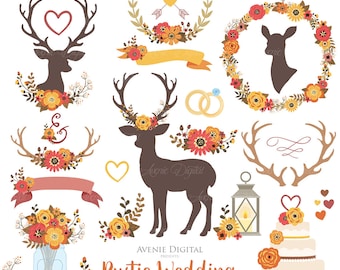 Fall Rustic Wedding Clipart Scrapbook Clip Art, Autumn, Deer antlers, flower wreath bridal graphics, wedding ring wedding cake mason jar