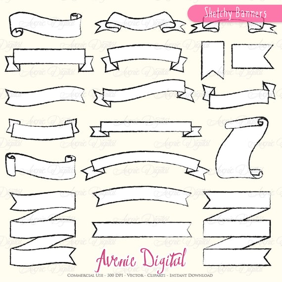 Sketchy Ribbon Banner Clipart. Scrapbook printables, Hand drawn banners