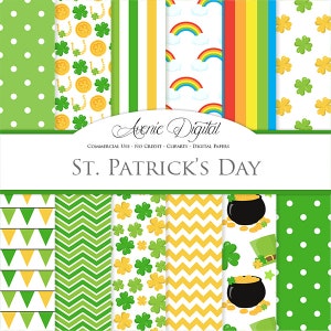 St Patrick’s Day Digital Paper. Scrapbook Backgrounds. Lucky clover patterns Commercial Use. Rainbow four leaf clover pot of gold