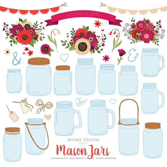 Red Christmas Floral Mason Jar Wedding Clipart. Scrapbook Clip Art, Ball Jars, Bouquet flowers graphics, Rustic Red Mason Jar Graphics Il_570xn