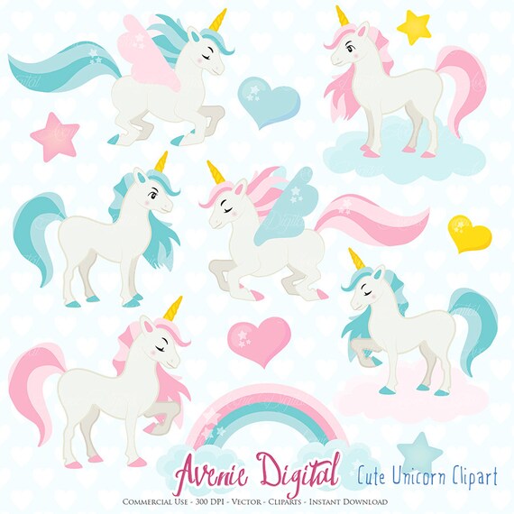 Cute Unicorn Clipart. Scrapbook printable little pony clip art png for Commercial Use. Colorful rainbow unicorns horse graphics Il_570xn