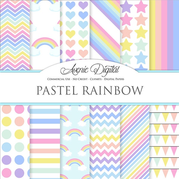 Pastel Rainbow Digital Paper Scrapbook Backgrounds Sky patterns Commercial Use. multicolor stars polka dots stripes