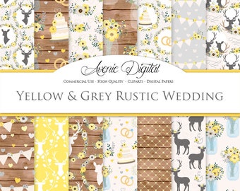 Yellow and Gray Rustic Wedding Digital Paper. Scrapbook Backgrounds, Deer antlers, yellow flowers, yellow wedding seamless patterns