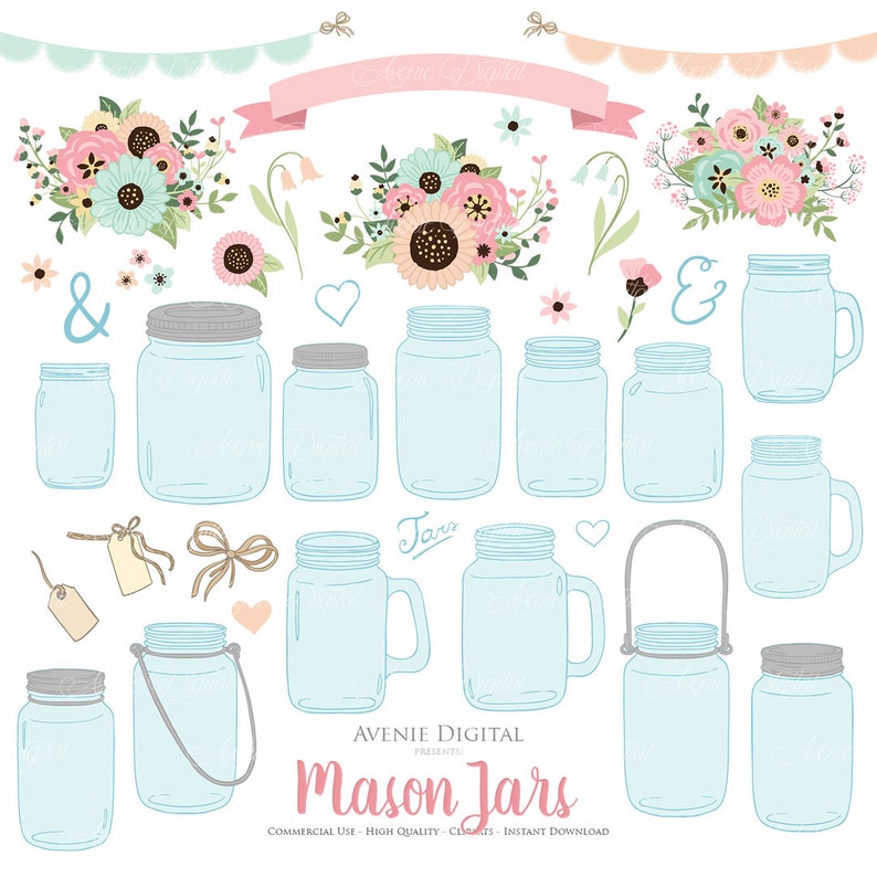 Scrapbook Clip Art Rustic save the date cards and invitation. Floral Ball Jars Pink and Mint Mason Jar Wedding Clipart flowers graphics