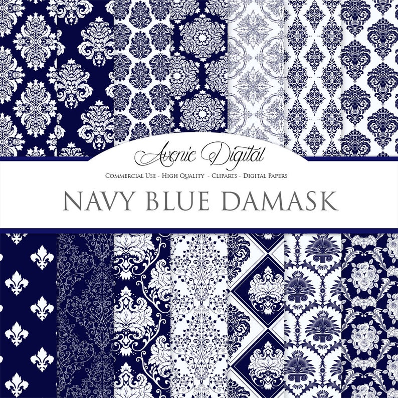 28 Navy Damask Digital Paper Scrapbooking Backgrounds Instant Download. Dark blue Seamless patterns for Commercial Use