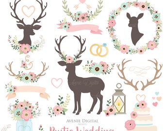 Classic Pink and Mint Rustic Wedding Clipart. Scrapbook Clip Art, Deer and flower wreaths bridal graphics for save the date cards invitation