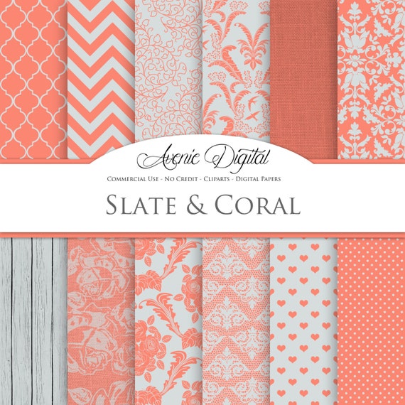 Coral Wedding Digital Paper. Scrapbooking Backgrounds, bridal gray patterns for save the date cards and invitation. Commercial Use, Download Il_570xn