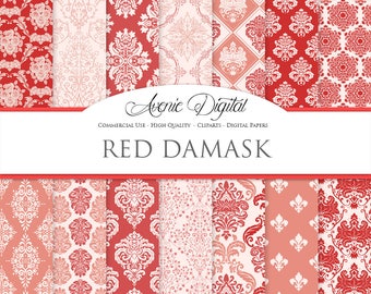 28 Red Damask Digital Paper. Scrapbooking Backgrounds. Coral red seamless patterns for Commercial Use. Valentine's Day. Instant Download.