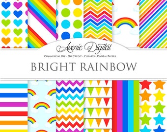 Rainbow Digital Paper. Scrapbook Backgrounds. Sky patterns Commercial Use. multicolor stars polka dots stripes