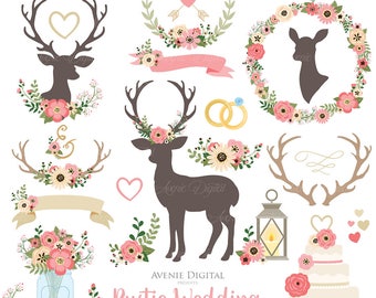 Vintage Pink Rustic Wedding Clipart. Scrapbook Clip Art, Deer antlers, flower wreaths graphics, save the date, wedding cake, wedding rings