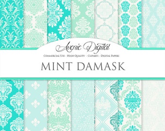 28 Mint Damask Digital Paper. Scrapbooking Backgrounds, Mint light green patterns for Commercial Use Wedding digital paper. Instant Download