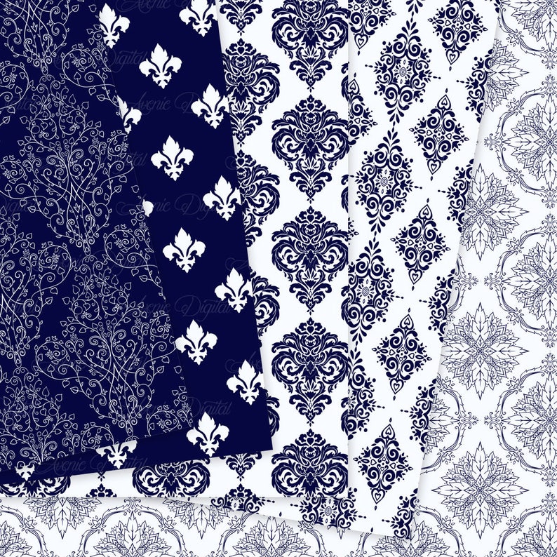 28 Navy Damask Digital Paper Scrapbooking Backgrounds Instant Download. Dark blue Seamless patterns for Commercial Use