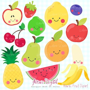 Kawaii Fruit Clipart. Scrapbook printable, Vector .eps and png healthy food clip art set. Apple lemon banana cherry pineapple orange