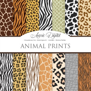 Vector Animal Prints Digital Paper Backgrounds, Wild Animal Skin, Fur seamless patterns. Safari textures. Clipart leopard print zebra tiger