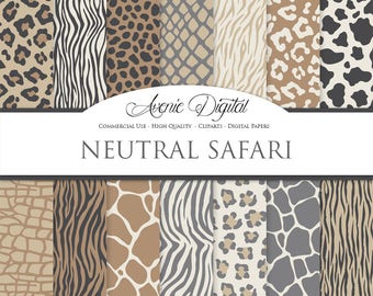 Vector Animal Prints Digital Paper Backgrounds, Wild Animal Skin seamless patterns Safari textures Neutral leopard print zebra giraffe tiger