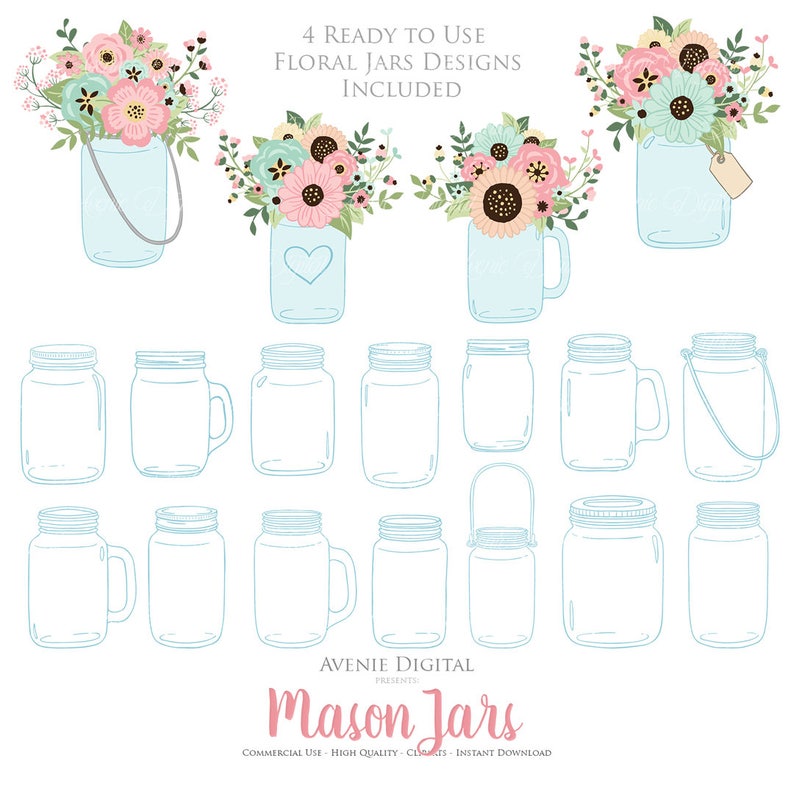 Scrapbook Clip Art Rustic save the date cards and invitation. Floral Ball Jars Pink and Mint Mason Jar Wedding Clipart flowers graphics