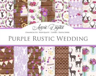 Purple Rustic Wedding Digital Paper. Scrapbook Backgrounds, Deer antlers, Purple flowers, Purple wedding seamless patterns, save the date