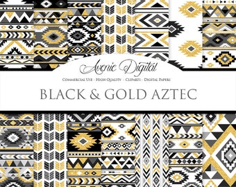 Black and Gold Aztec Digital Paper. Scrapbook Backgrounds. Boho patterns, tribal geometric, native, chevron, arrow Commercial Use Download