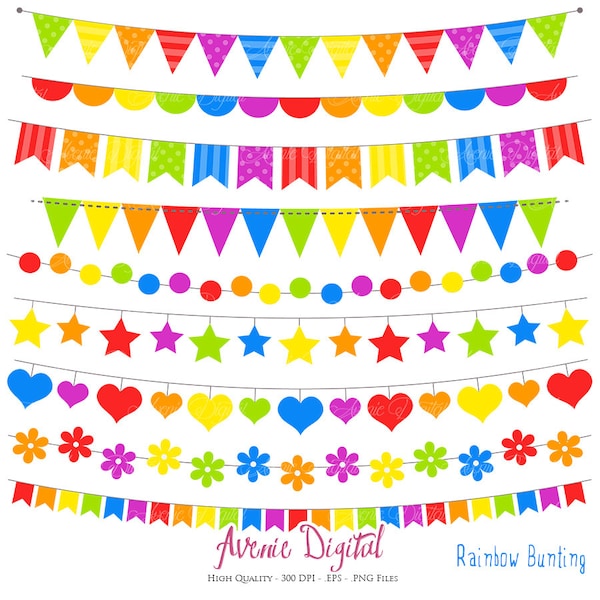 Bunting Banner Clipart. Scrapbook printable, Rainbow banners Vector .eps. Colorful Party Clip art, Birthday flag banner