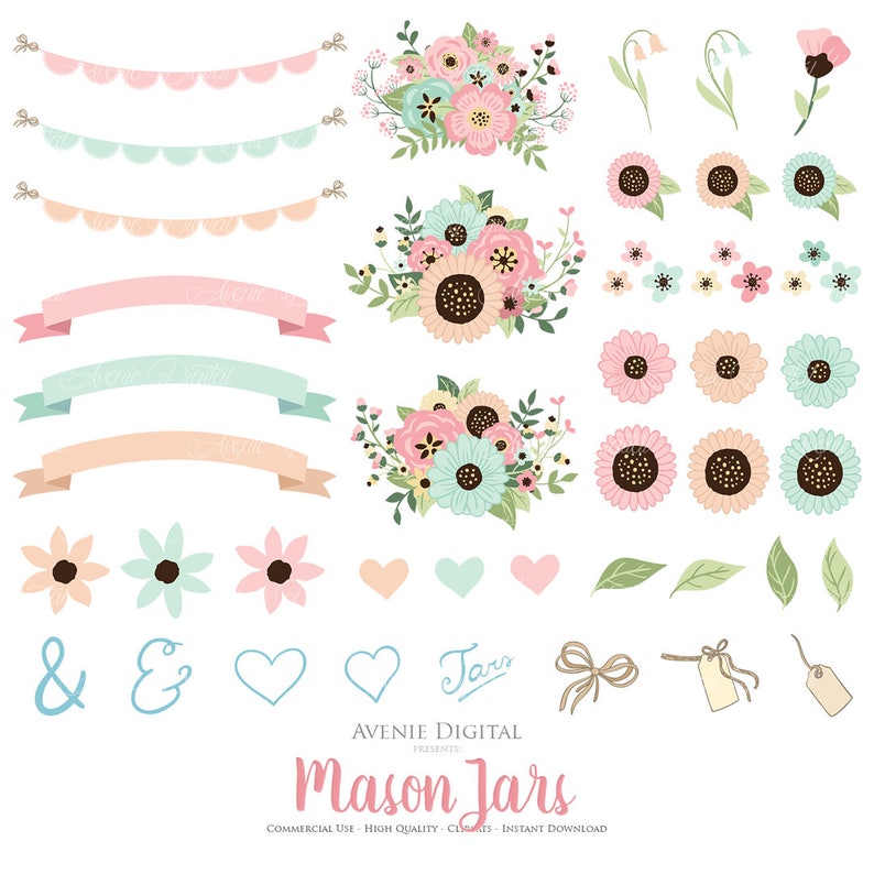 Scrapbook Clip Art Rustic save the date cards and invitation. Floral Ball Jars Pink and Mint Mason Jar Wedding Clipart flowers graphics