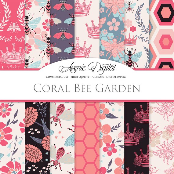 Pink Garden Bee Digital Paper Scrapbook Backgrounds Cute Etsy