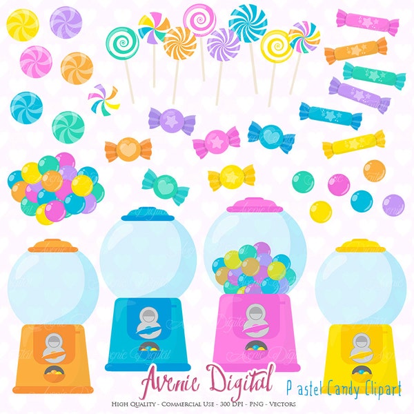 Pastel Candy Clipart. Scrapbook printable candy dispenser Clip Art Commercial Use. Cute Sweets dessert lollipops gumball graphics