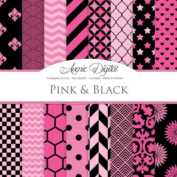 Hot Pink And Black Digital Paper Scrapbook Backgrounds Patterns For Commercial Use Geometric Damask Floral Stars Bachelorette Party