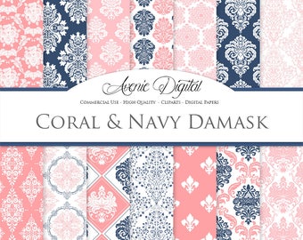 28 Coral and Navy Damask Digital Paper. Scrapbook Backgrounds. Pink and Navy Wedding seamless patterns for Commercial Use.Clipart Download.