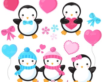 Valentines Penguins Clipart Scrapbook printables, holiday clip art set for Commercial Use. Valentine's day vectors graphics