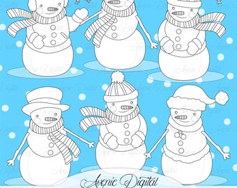 Christmas Snowman Digital Stamp Clipart , Scrapbook  holiday clip art set for Commercial Use. Snow man Snowmen vectors graphics