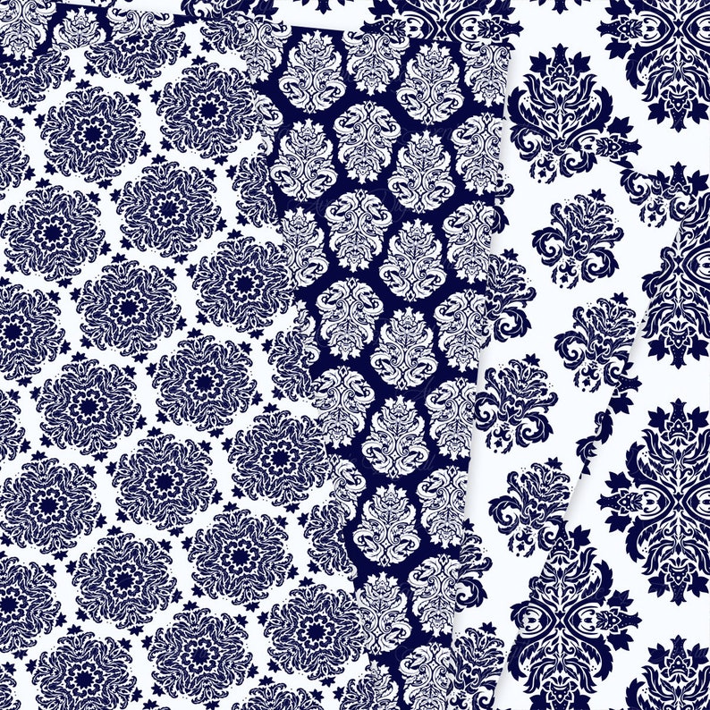 28 Navy Damask Digital Paper Scrapbooking Backgrounds Instant Download. Dark blue Seamless patterns for Commercial Use