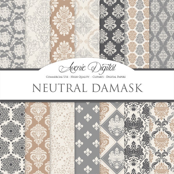 28 Neutral Damask Digital Paper. Scrapbook Backgrounds. Tan, gray, cream brown seamless patterns for Commercial Use. Damask clipart Download
