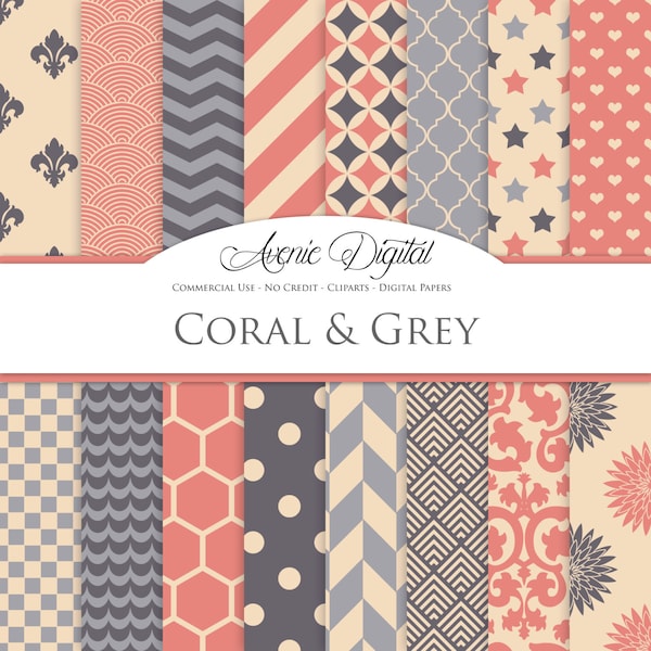 Coral and Grey Digital Paper. Scrapbook Backgrounds, Peach red patterns for Commercial Use. Geometric, chevron. floral. Instant Download.