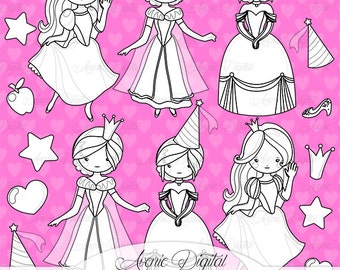 Princess Digital Stamp Clipart , Scrapbook  Fairytals set for Commercial Use. Girly, crown, elegant dress vectors graphics