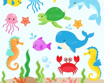Under the Sea Clipart. Scrapbook printable Cute Sea animals Clip Art png for Commercial Use. Dolphin whale fish crab nautical graphics