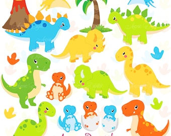 Cute Dinos Clipart. Scrapbook printable dinosaur Clip Art Commercial Use. Trex, Triceratops, brontosaurus, stegosaurus graphics