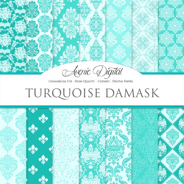 28 Turquoise Damask Digital Paper. Scrapbooking Backgrounds. Blue green Seafoam Wedding seamless patterns for Commercial Use.