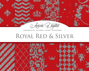 Royal Red and Silver Digital Paper. Scrapbook Backgrounds Prom patterns for Commercial Use. Silver Glitter antique crown.Printable Download